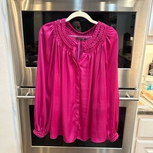 Kobi Halperin Fuchsia Blouse with Braided Neckline, L ( has stain but GUC)